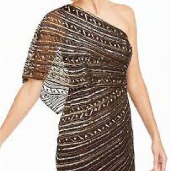 adrianna papell sequin one shoulder sheath dress in dark chocolate size 2. - Picture 2 of 4